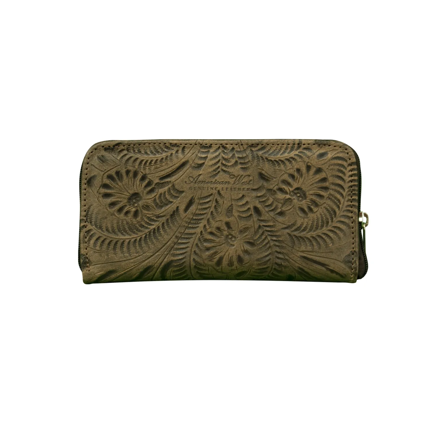 American West Womens Hand Tooled Distressed Charcoal Leather Zip Around Wallet