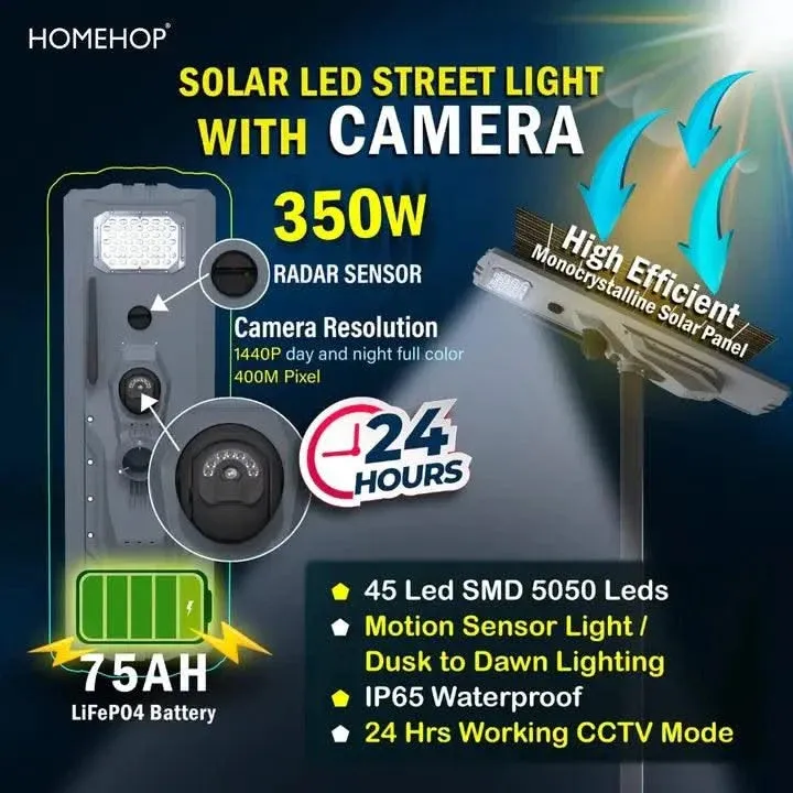 Exterior Street Solar Lights With Motion Sensor cctv Camera Led Post 300W Lamps for Home, Garden and Outdoor