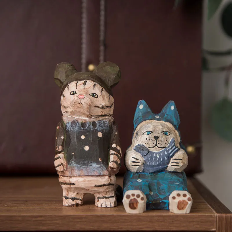 Gohobi Handcrafted Wooden Large Cat Ornament (Denim Version)