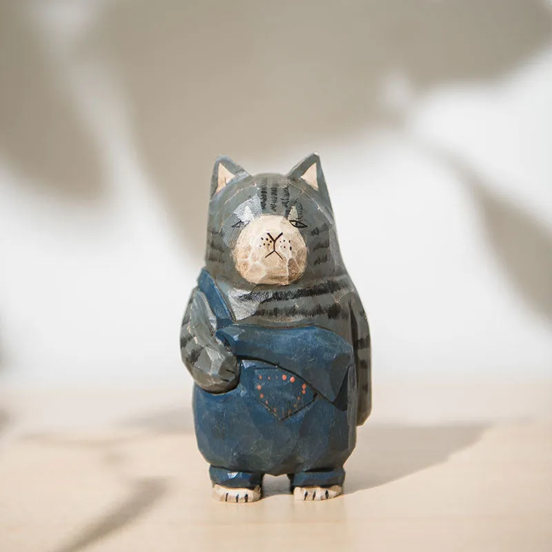 Gohobi Handcrafted Wooden Large Cat Ornament (Denim Version)