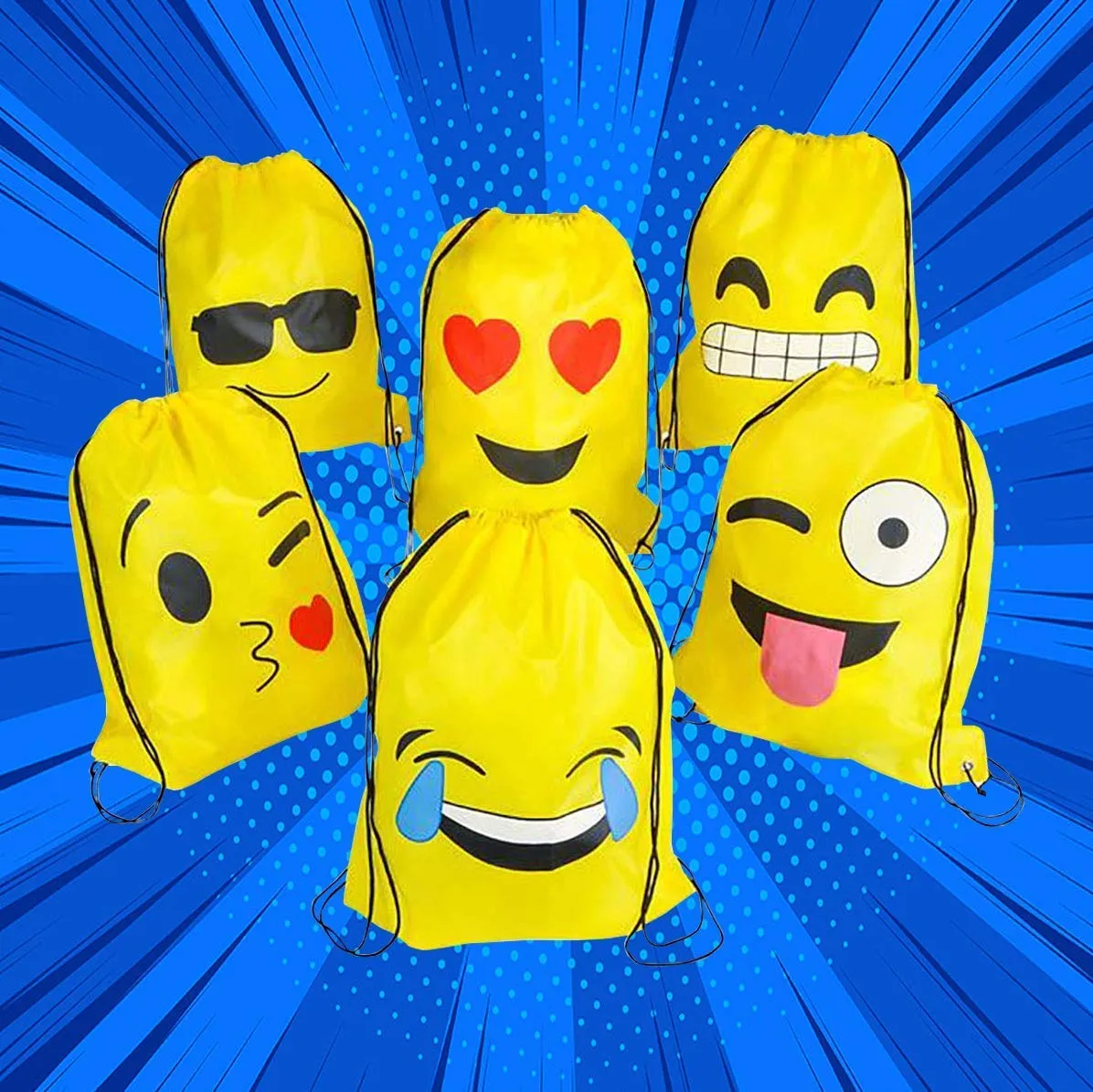 Kicko 16 x 13 Inch Drawstring Bag - 6 Pack of Assorted Emoticon Backpack for School, Gym