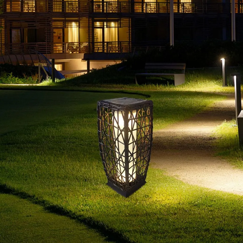 Outdoor 19" Solar Powered Lantern With Rattan Weaving-Floor Lamp