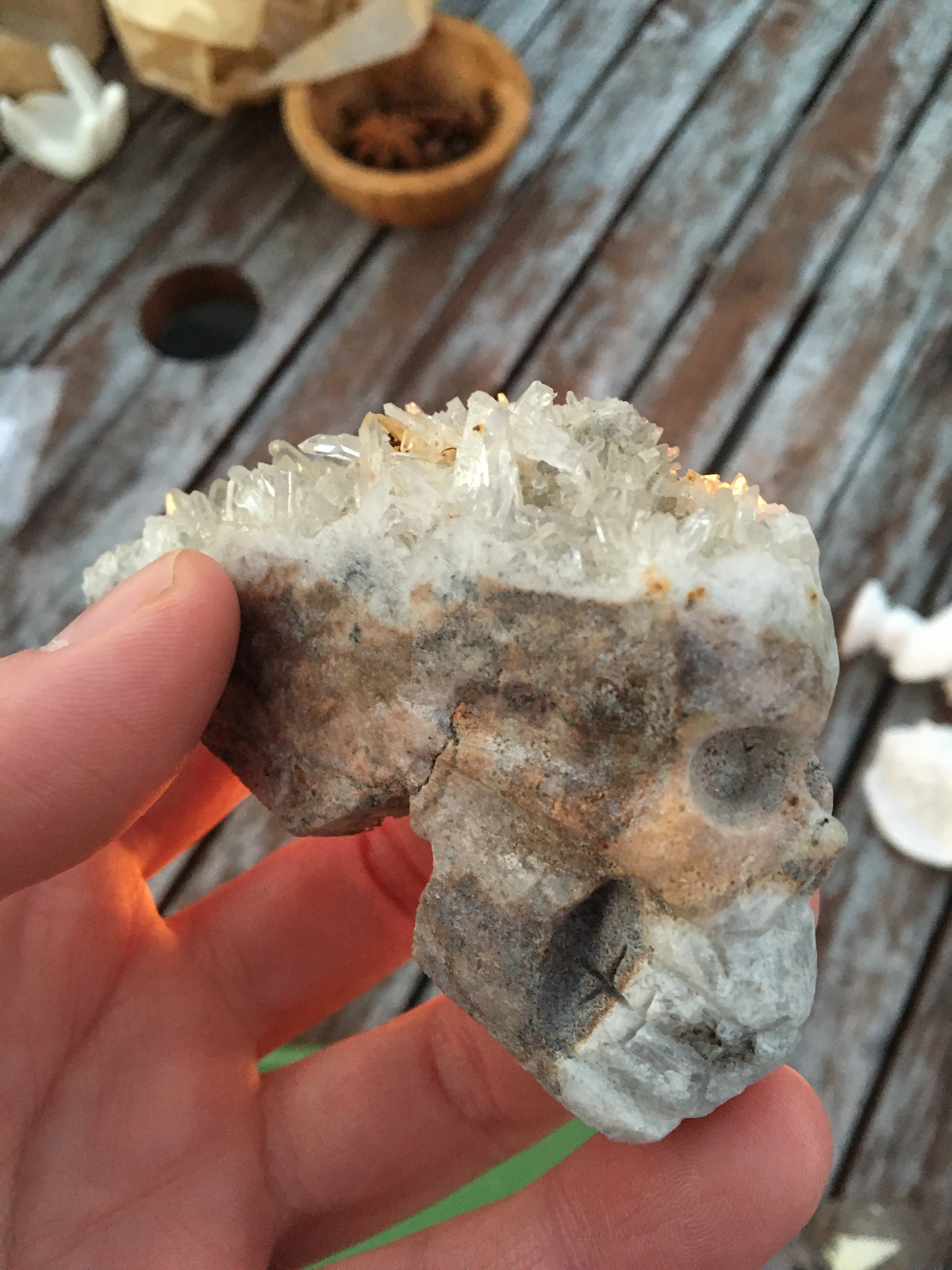 Talismanic Skull with Quartz Crystal Clusters