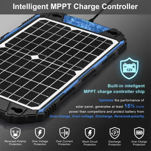 Waterproof 12W 12V Solar Battery Charger & Maintainer Pro - Built-in Intelligent MPPT Charge Controller - 12 Volt Solar Panel Trickle Charging Kit for Car Automotive Boat Marine Motorcycle RV Trailer